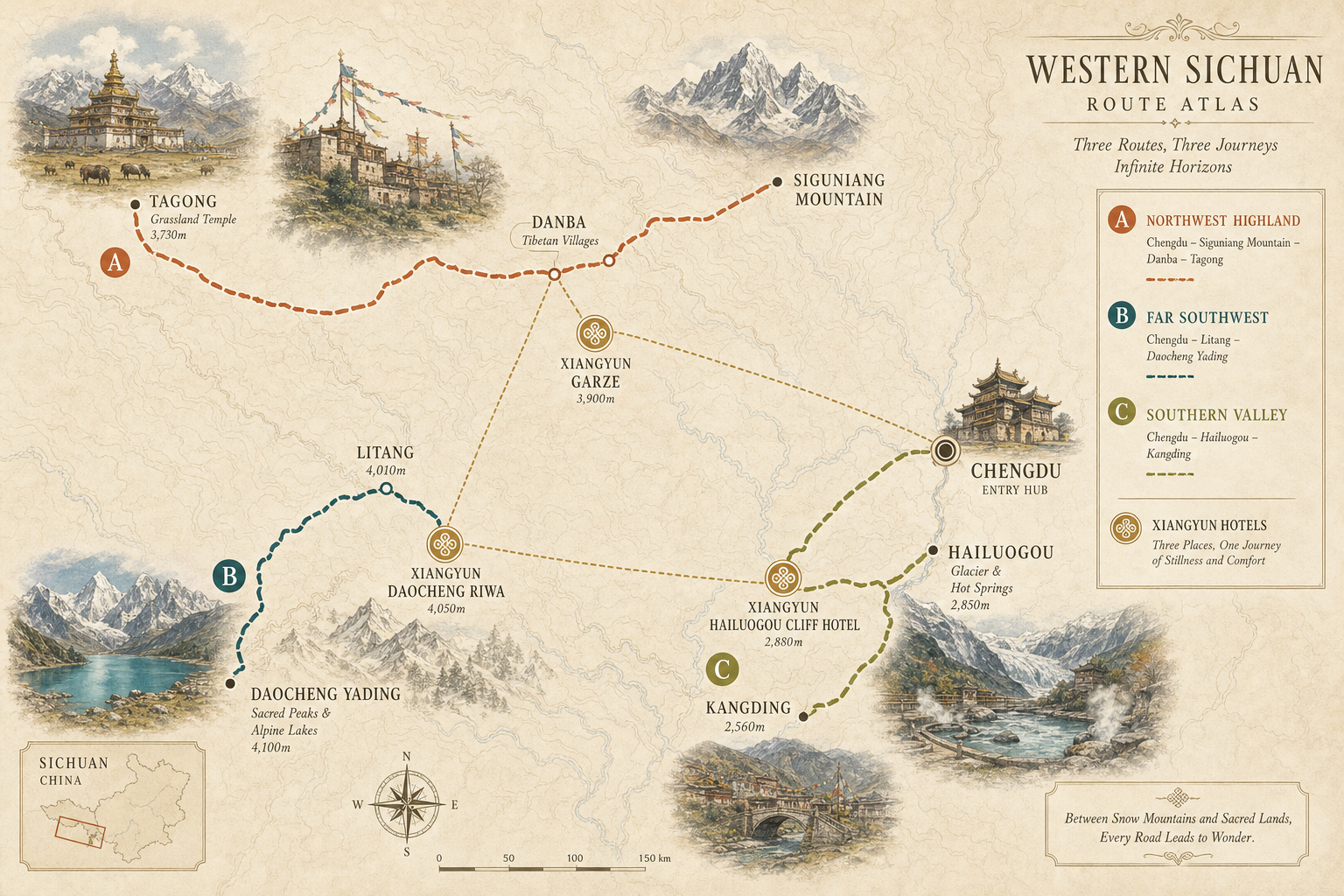 Western Sichuan route atlas showing Chengdu, Hailuogou, Kangding, Litang, Daocheng Yading, Danba, Tagong, Siguniang Mountain, and Xiangyun hotels